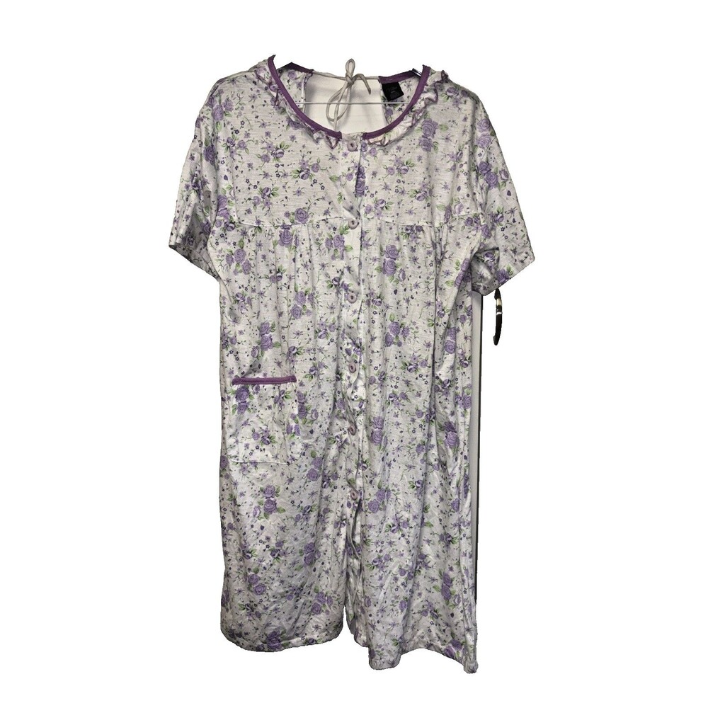 Victoria Floral Button Nightgown White Purple Housecoat Grandma XXXL Open Back